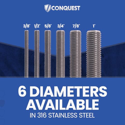 Conquest Fasteners Type 316 Stainless Steel Fully Threaded Rod, 5/8\" -11 Thread Size, 24\" Length Right Hand Threads (4 Pack)