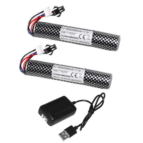 Itexkun 2 Pcs 11.1V 2000mAh SM2P Plug with 11.1V Charger Compatible with Airsoft Gel Water Bead Blaster Rechargeable Battery