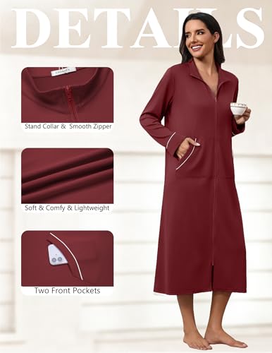 Image of Ekouaer Zipper Robes for Women Long Sleeve Lightweight House Coats with Pockets Zip Up Bathrobe Loungewear S-3XL