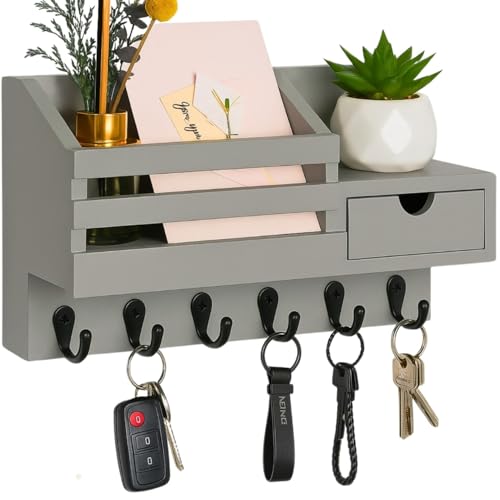 Image of Wooden Wall Mounted Key Holder with Hooks and Organizer Shelf Wall Rack for Letters Wallets and Accessories Home and Office Wall (Grey, Drawer Organizer)