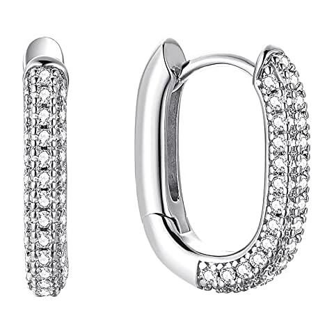 Thick Oval Huggie Earrings | Minimalist Oblong Hoops in .925 Sterling Silver | Paved CZ Chunky Small Hoops, Metal, Cubic Zirconia Cover