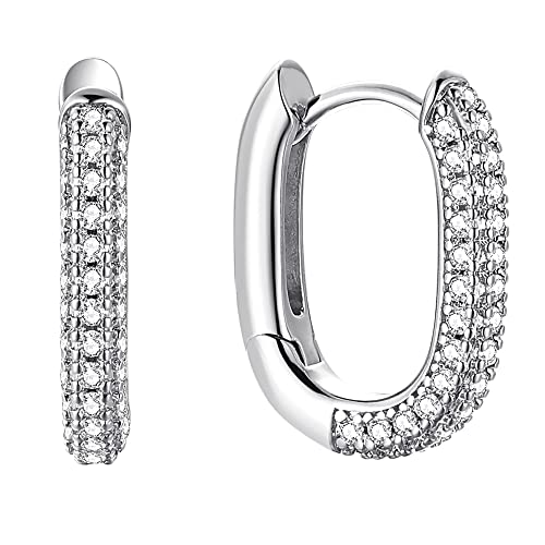 Thick Oval Huggie Earrings | Minimalist Oblong Hoops in .925 Sterling Silver | Paved CZ Chunky Small Hoops