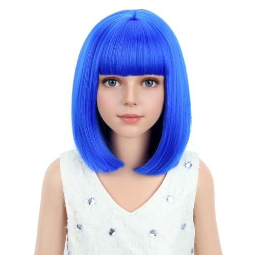 PATTNIUM Kids Blue Wig Child Blue Bob Wig Short Blue Wig for Girls Colored Wigs Dark Blue Bob Wig Cosplay Party Synthetic Rose Net Daily Wear Wig(Dark Blue)