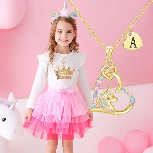 C-leen Unicorn Necklaces Gifts for Girls, 14K Gold Plated Colorful CZ Heart Initial Pendant Unicorn Necklaces for Girls Teens Jewelry Birthday Gifts2
