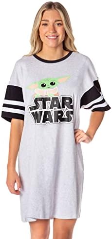 INTIMO Star Wars Womens The Mandalorian Grogu Baby Yoda Varsity Oversized Tee Nightgown Shirt (S) Grey