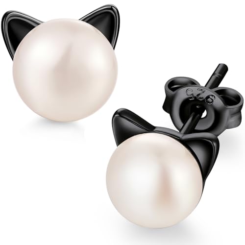 Chat Boucles d'Oreilles Femmes Kitty Boucles d'Oreilles Argent Chat avec Perle D'eau Douce Clous...