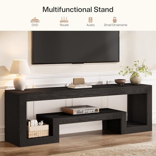 Image of Tribesigns 63 inch TV Stand for 55 /60 /65 /75-Inch TVs, Farmhouse Entertainment Center with Open Storage Shelves, Television Stands TV Console for Living Room, Bedroom, Black