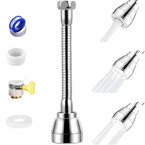 Yuiturt Rallonge de robinet pivotant 360° 17cm, aérateur cuisine, douchette évier, embout laiton, 3 modes, anti-éclaboussures, adaptateur flexible,...