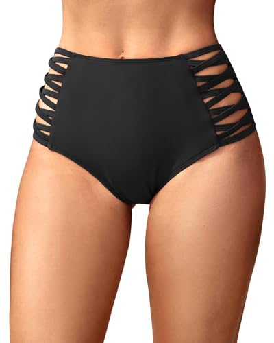 Holipick Women Black High Waisted Bikini Bottoms Tummy Control Swimsuit Bottoms Strappy Swim Bottom L