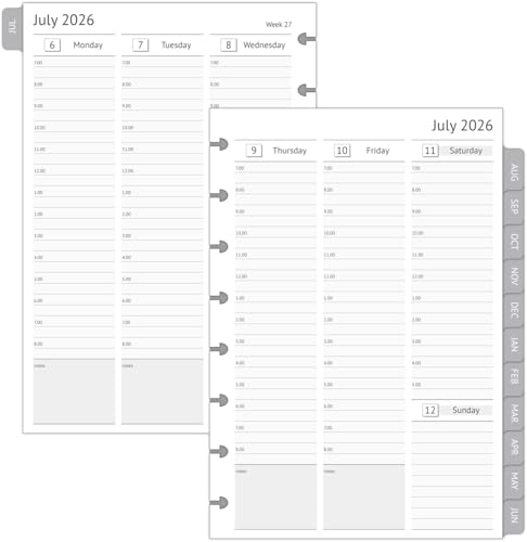 Insertos semanales y mensuales para agenda 2026-2027 con pestañas de mes y perforación de 8 discos