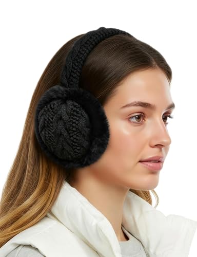Buauty Earmuffs Knit Ear Warmer for Women Men with Ultra Soft Comfortable Adjustable Ear Warmer and Cozy Furry Lined Ear Cover for Women in Freezing Cold Weather Black