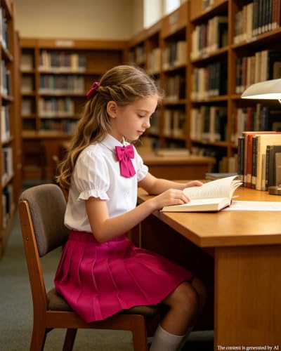Image of Betusline Girls Skirt Set JK School Uniform 2-Piece Outfit - Short Sleeve Shirt with Bow & Pleated Skirt 4T-14Y