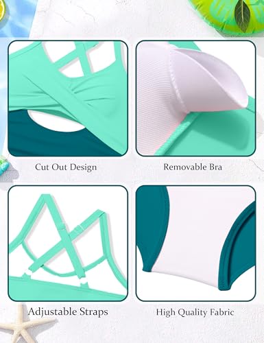 Image of Girl Swimsuit One Piece Cutout Ruched Bathing Suit for Girls Color Block Adjustable Straps Pad Swimwear 9-18y