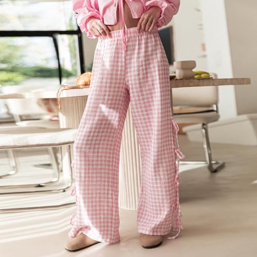 Image of Y2K Gingham Pants for Women Bow Tie Side Slit Wide Leg Lounge Bottom Plaid Checkered Loose Fit Going Out Pants