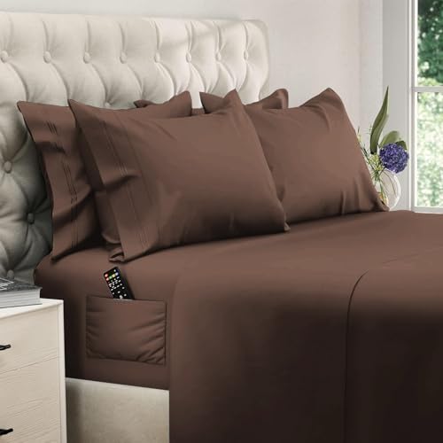 Image of DREAMCARE Queen Sheets - 6 pcs Breathable Cooling Sheets Queen - up to 21 inch | Extra Deep Pocket Queen Sheets Set with Side Pockets - Extra Soft - Queen Sheet Set Hotel Luxury Queen Bed Sheets MochaBrown