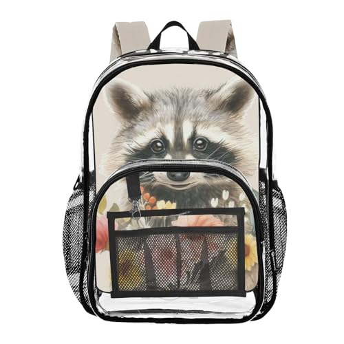 Raccoon Flowers Cute Clear Backpack, PVC Transparent Bag with Large Capacity for Boys, Girls, Men, Women, See Through Bookbag for School Work College Travel