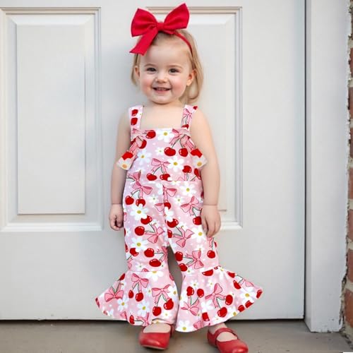 Emmababy Toddler Cherry Outfits Flare Romper Girls Strawberry Jumpsuit Baby Bell Bottoms Floral Suspender Wide Leg Jumpsuit2
