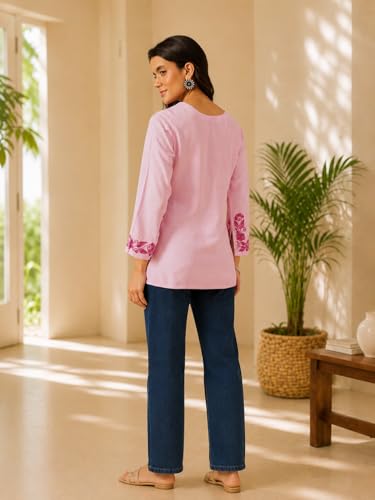 Image of QAZMI Women's Aari Embroidered Viscose Rayon V-Neck Full Sleeves Short Kurti