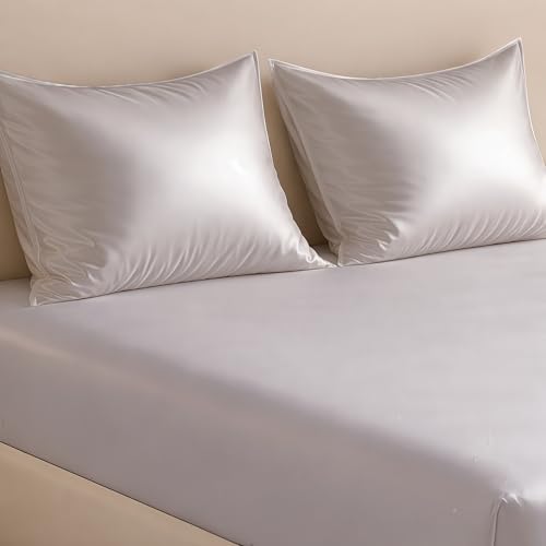 Image of Luxe Ere Elastic Fitted Satin Bedsheet King Size (78x72) with 2 Pillow Covers, Ultra-Smooth 300TC Silky Fabric, Perfect for Home Decor, Gifting & Romantic Escapes- Moonstone Grey