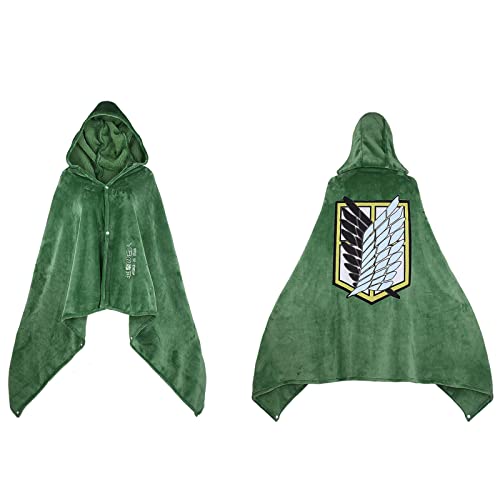 SINSEN Cape à capuche AOT Cosplay Anime Levi Sweat-shirt à capuche Couverture portable en flanelle verte pour le costume du Survey Corps pour fête, Halloween,...