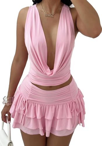 Womens Sexy 2 Piece Skirt Set V Neck Top Ruffle Mini Skirt Summer Beach Vacation Club Outfit2