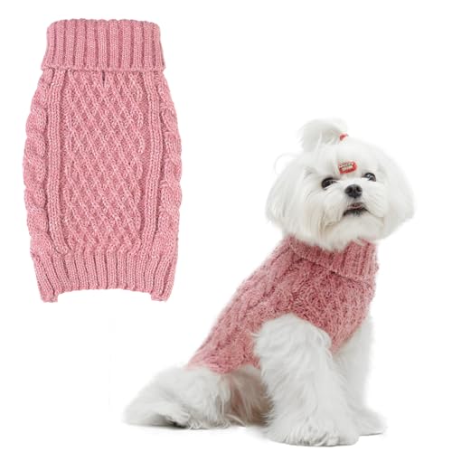 SCIROKKO Turtleneck Small Dog Sweaters - Classic Cable Knitwear Winter Coat for Small Medium Dogs Male Female Puppy Dog Cold Weather Clothes Girls Boys, Light Pink, L