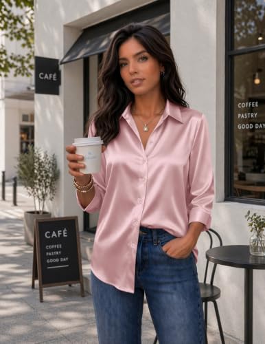 Image of Zeagoo Womens Satin Blouses Button Down Shirts 3 /4 Sleeve Dressy Tops S-2XL
