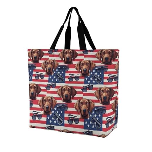 ACCXECTGGV Vizsla Dog American Flag Lightweight Reusable Grocery Shopping Bags Foldable Travel Tote Bag Washable Market Tote Bag