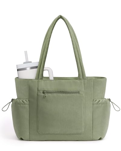 ECOHUB Large Corduroy Tote Bag with Stanley Cup Holder, Travel Tote Bags for Women with Luggage Sleeve, Shoulder Tote Bag with Laptop Compartment for Work Weekend Casual Green