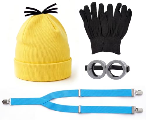 4PCS Halloween Costume Accessories Set for Adults Women Men Yellow Beanie Hat Goggles Glasses Blue Suspenders Black Gloves Kids Toddler Boys Girls Cosplay Costume Set for Halloween Party Dress Up