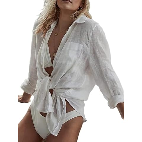 Breezy Lane Beach Cover Up for Women Button Down Shirt Swimsuit Coverup Bathing Suit Cover Ups for Swimwear Vacation White Cover