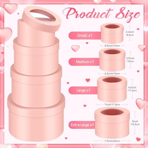 Set of 4 Round Flower Boxes with Clear Lids 4 Assorted Sizes Gift Boxes for Flower Arrangements Nesting Round Gift Box for Mother's Day Graduation Wedding Birthday(Pink) - Image 4