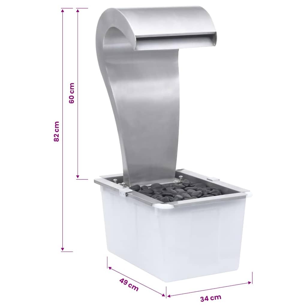 Fontana da giardino a cascata in acciaio inox, colore argento, 34 x 49 x 82 cm, con pompa, luce a LED, luce bianca calda, cascata per giardino, terrazza, laghetto, esterno, Feng Shui