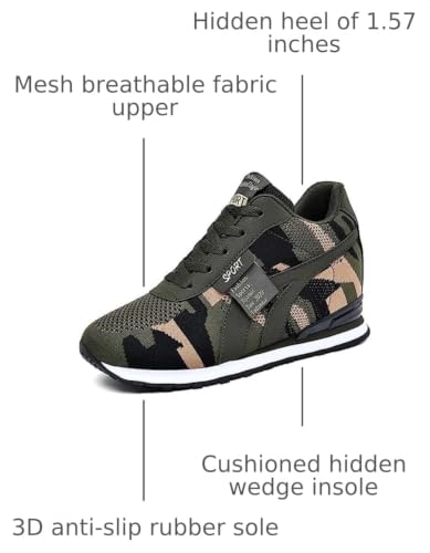 Image of ESXGED Women's Fashion Camouflage Platform Canvas Sneakers Girl's Invisible Wedges Increase Heel Mesh-Cloth Casual Shoes
