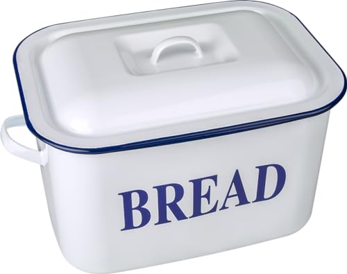 AuraHome Vintage Gourmet ® Mini Enamel Classic Blue & White Oblong Bread Bin - 34cm Wide, Heavy-Duty Vitreous Enamel on Steel for Fresher Bread