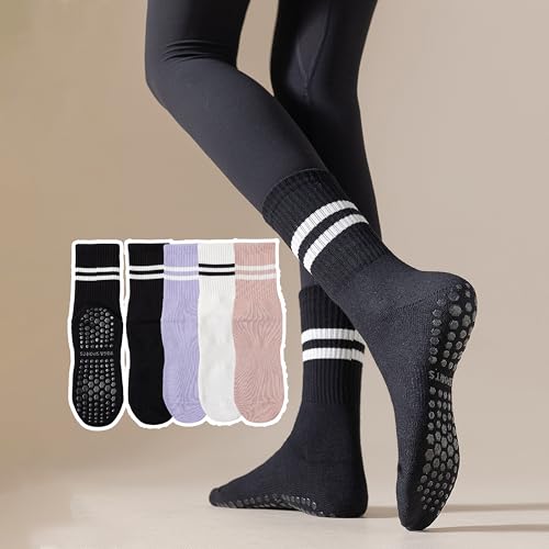 4 Pairs Non Slip Pilates Yoga Socks for Women Anti Skid Grips Cotton Crew Socks (Pink/White/Purple/Black)