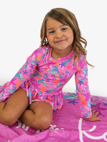 Image of RuffleButts Baby /Toddler Girls Scalloped Long Sleeve Rash Guard 2-Piece UPF50+ Sun Protected Swimsuit
