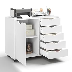 KOMFOTTEU Aktenschrank mit Rollen, Rollcontainer mit 5 Schubladen, Schubladenschrank Bürocontainer Druckertisch Holz, Bürowagen Bürocontainer weiß, 79x39x65 cm (Weiß)