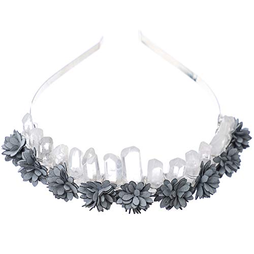 HAIMEIKAMG Raw Crystal Quartz Crown Headband with Flowers Handmade Natural Stone for Women Wedding Costume Hair Accessories and Parties (white crystal + gray flowers)