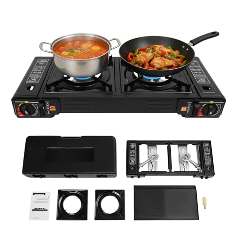 LENJKYYO Réchaud Gaz 2 Feux Camping Gaz Portable Réchaud Camping Barbecue Gaz Camping 2500W Plaque Gaz 2 Feux Allumage Piézo Valve Surpression（64 x 27,8 x...