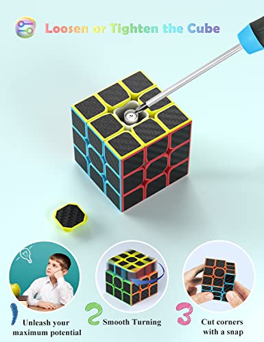 ROXENDA Speed Cube Set, Cubos de Velocidad de 2X2 3X3 4X4 Pirámide Cube - Fácil Giro & Juego Suave, 4 Pack (Fibra de Carbon)