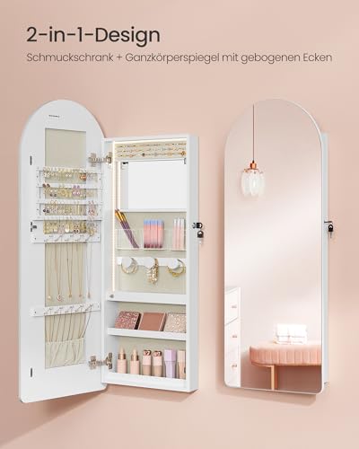 SONGMICS Schmuckkommode, Schmuckschrank, Spiegelschrank, Schmuck-Organizer mit LED-Beleuchtung, abschließbar, abgerundete Ecken, mit Innenspiegel, 10 x 42 x 108 cm, wolkenweiß JJC020W01