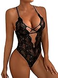 SOLY HUX Women's Floral Lace Criss Cross Deep V Neck Teddy Lingerie Bodysuit Babydoll Plain Black M