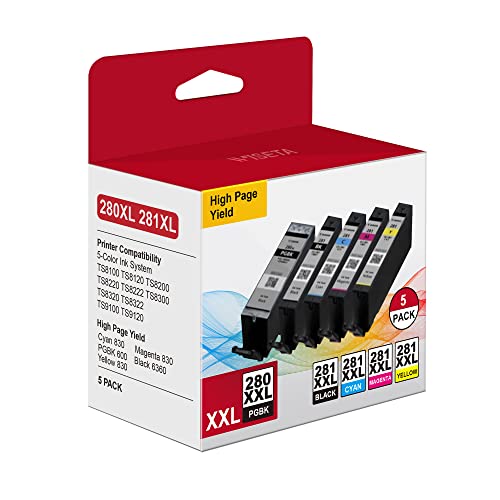 Pgi-280Xxl Cli-281Xxl 5-Color Value Pack Compatible Ink Cartridge Replacement For Canon Pgi-280 Cli-281 Xxl High Yield To Use With Pixma Tr7500 Tr7520 Tr8500 Tr8520 Tr8620 Ts6120 Ts6220 Ts9120 #TOP2
