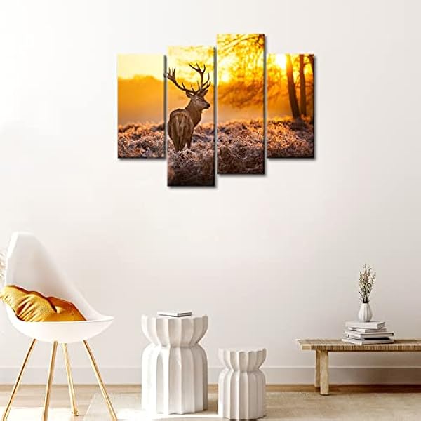 Stampa su tela Wall Art immagine cervo in autunno foresta in Sunset Animal Wildlife 4 pezzi dipinti Modern Giclee allungato e incorniciato opera l' animale immagini foto stampe su tela