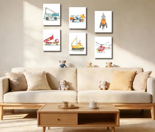 Image of Frimeeme Framed Car Canvas Wall Art for Kids, 8x10 Inches, Set of 6 | Watercolor Vehicles Theme with Fire Truck, Helicopter, Rocket, Cement Mixer, Boat, Dump Truck,Ready to Hang