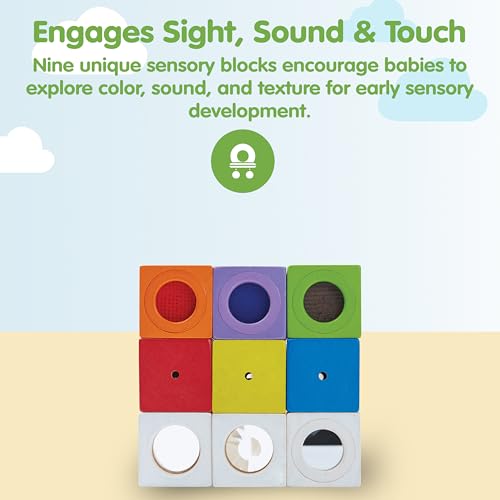 Image of PlanToys Sensory Activity Blocks for Toddlers - 9-Piece Set with Visual, Auditory & Tactile Stimuli - Montessori Toy with Storage Bag - Wooden Learning Toy for Babies & Kids Ages 12 Months+