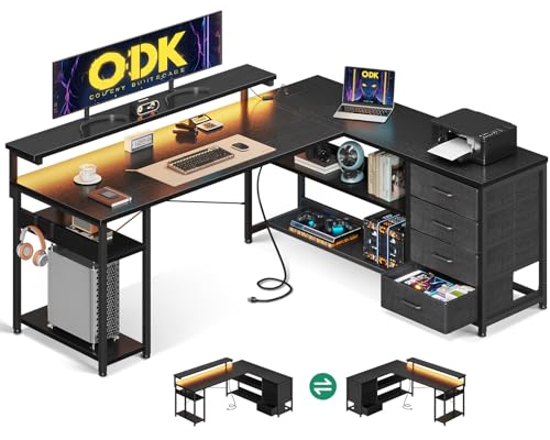 ODK Corner Desk with Drawers, L Shaped Gaming Desk with LED Lights & Power Outlets, Reversible...