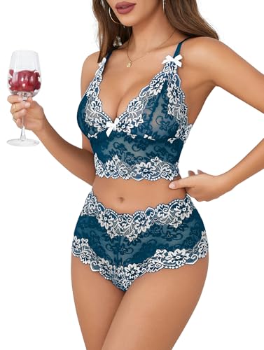 Image of Lilosy Sexy Lingerie for Women Lace Pajamas Set Cami Bra and Panty High Waist Sheer Sleepwear 2 Piece 2XS-6XL
