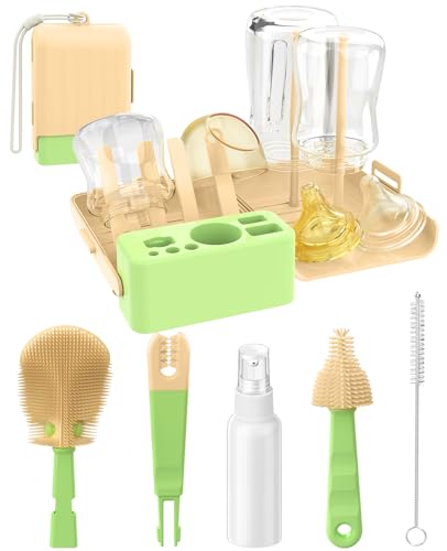 Image of 7 in 1 Baby Bottle Brush Set, BPA-Free Travel Bottle Cleaner Kit with U-Shaped Silicone/Nipple/Straw Brush, Portable Drying Rack, Soap Dispenser & Storage Box - Baby Travel & Home Essential